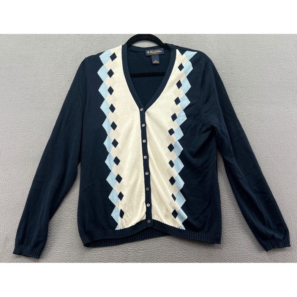 Brooks Brothers Sweater Womens XL Silk Cotton Cardigan Navy Argyle V-Neck